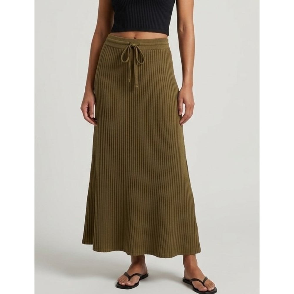 Mango Suit S Olive Green Ribbed Knit Maxi Skirt Drawstring Waist Minimalist Boho